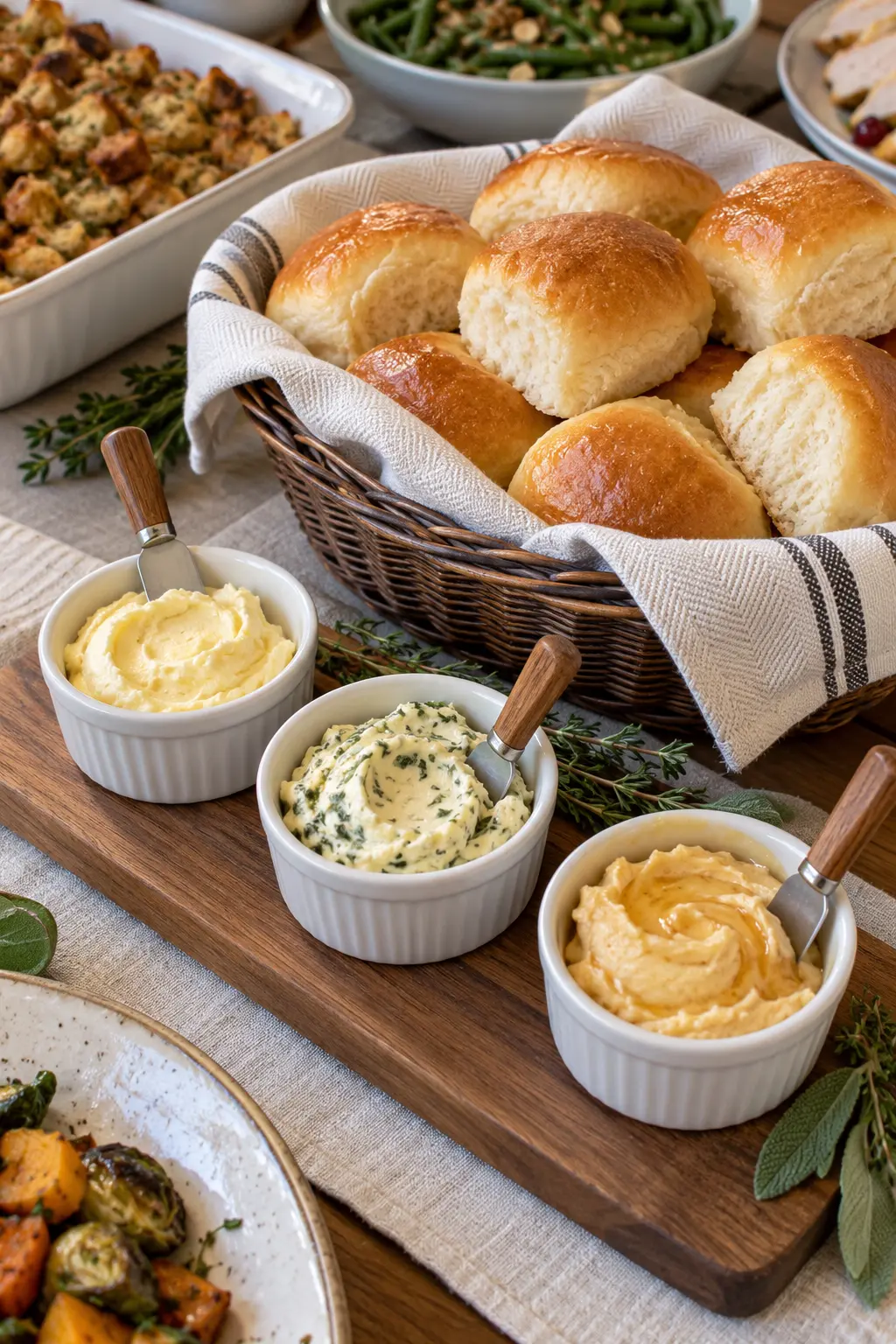 Small chilled ramekins of herb, honey, and plain butter beside Thanksgiving rolls