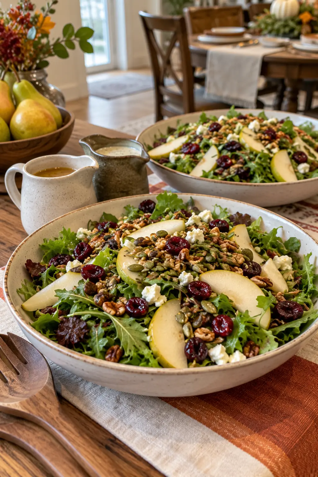 Thanksgiving harvest salad divided between two shallow serving bowls