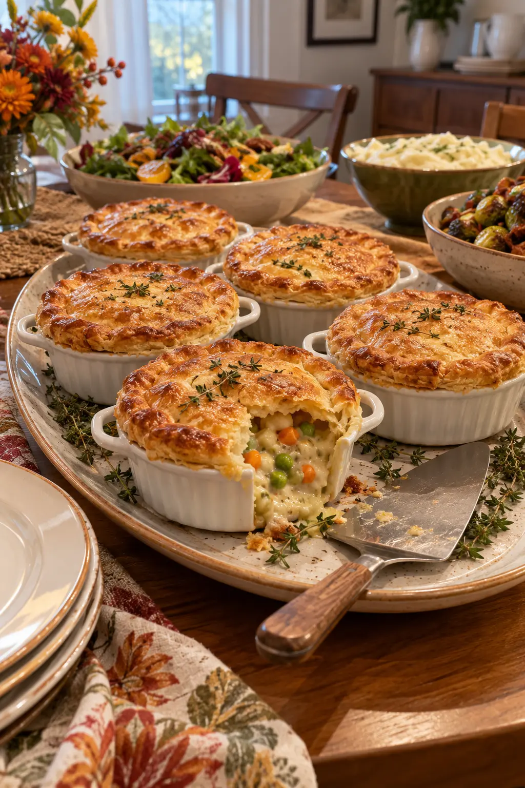 Individual vegetable pot pies arranged as a vegetarian Thanksgiving main dish