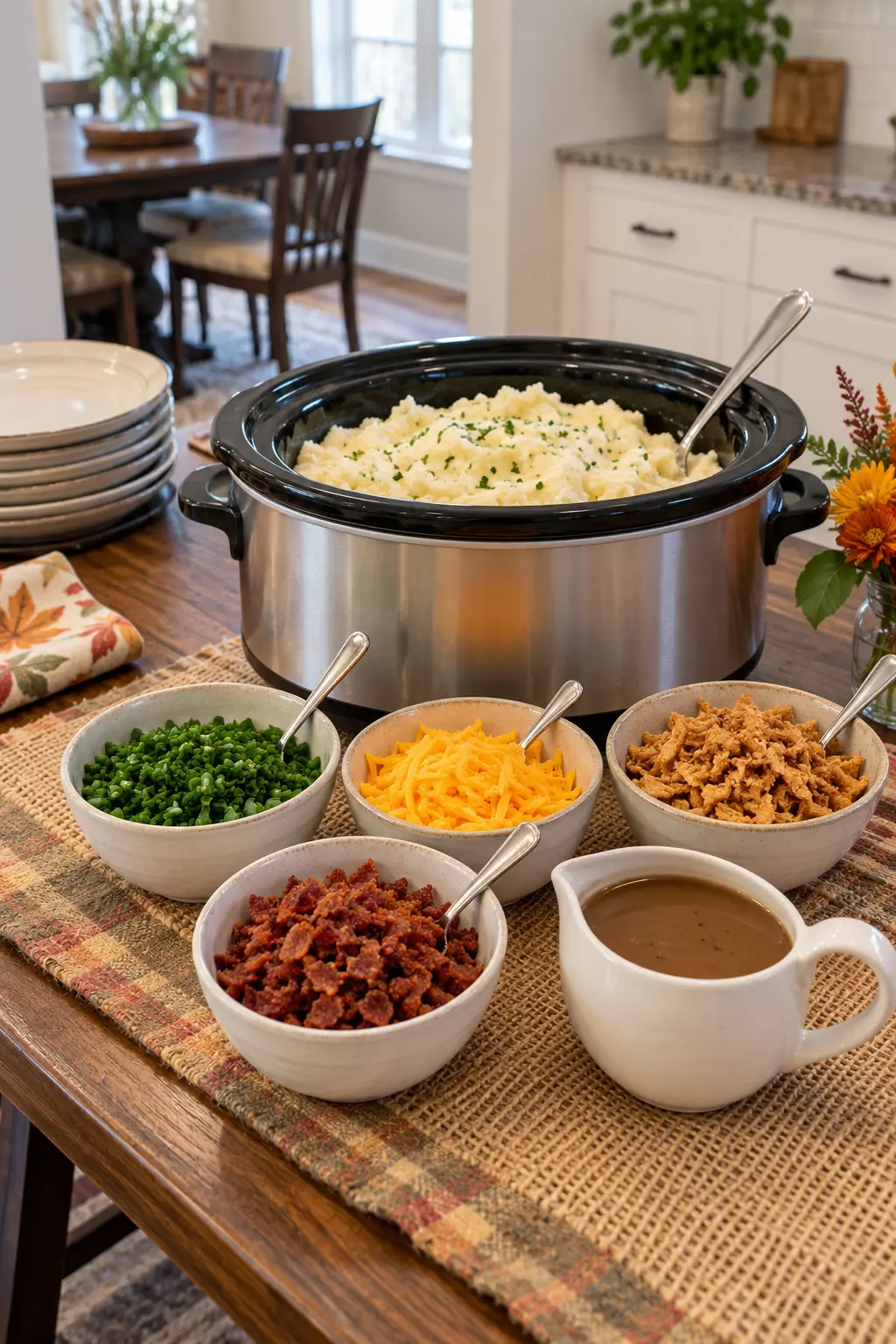 Thanksgiving mashed potato toppings bar with small bowls of herbs, cheese, and onions