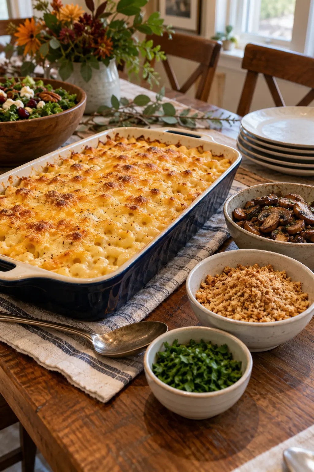 Thanksgiving mac and cheese buffet station with crunchy toppings in small bowls