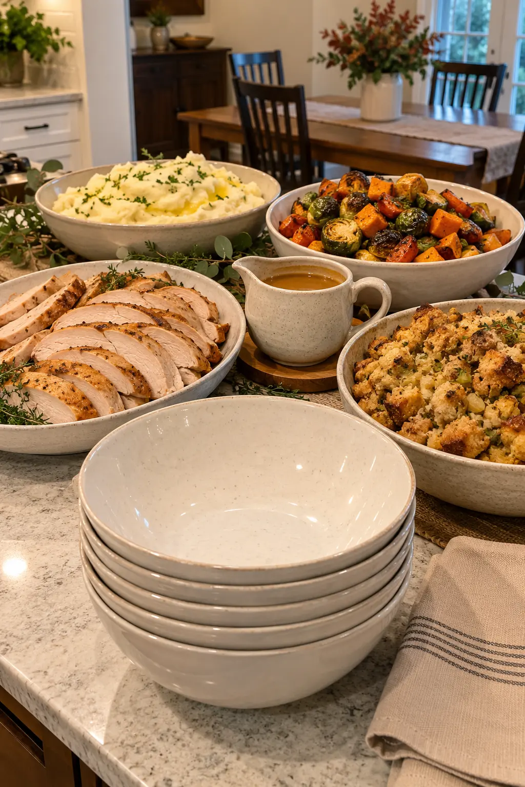 Thanksgiving bowl station with turkey, stuffing, potatoes, vegetables, and gravy