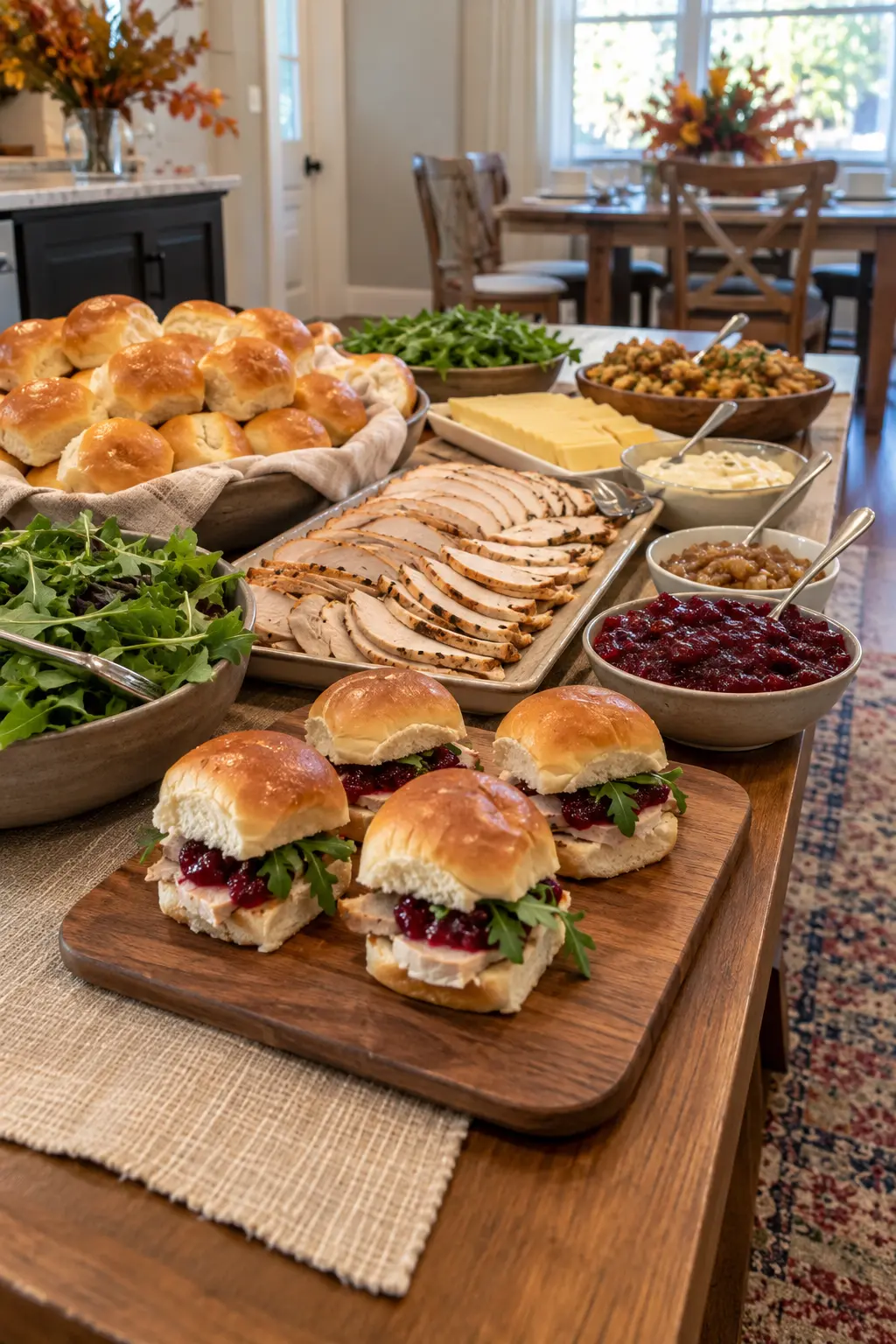 Thanksgiving turkey slider station with small rolls, sliced turkey, cranberry sauce, and greens