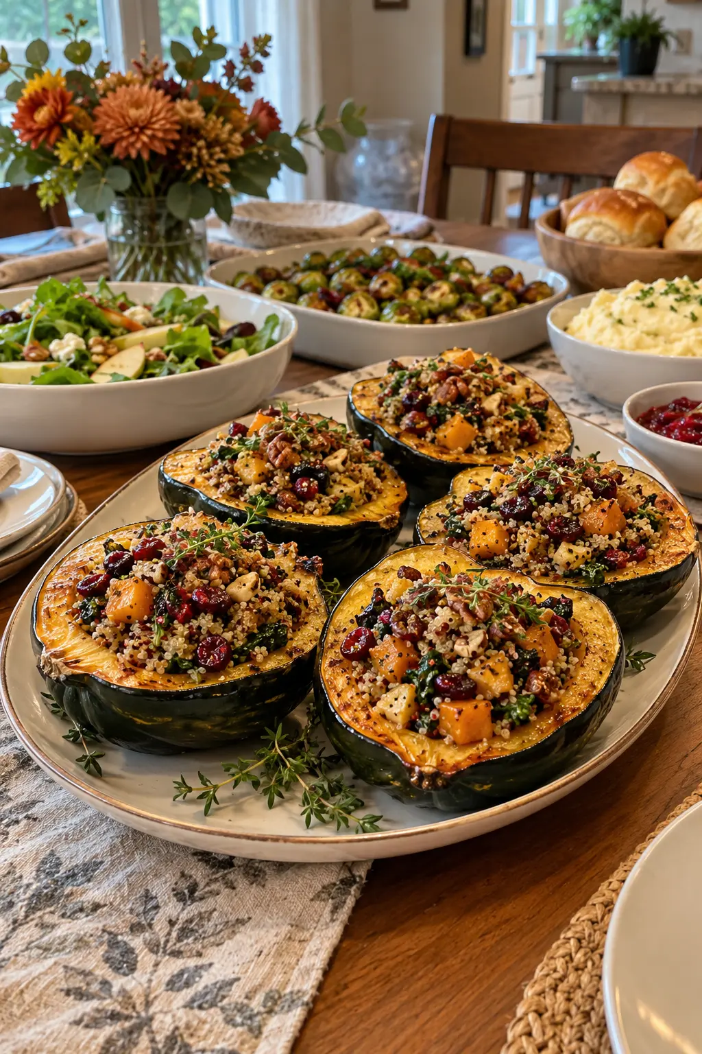 Roasted squash halves filled with grains and vegetables on a Thanksgiving buffet
