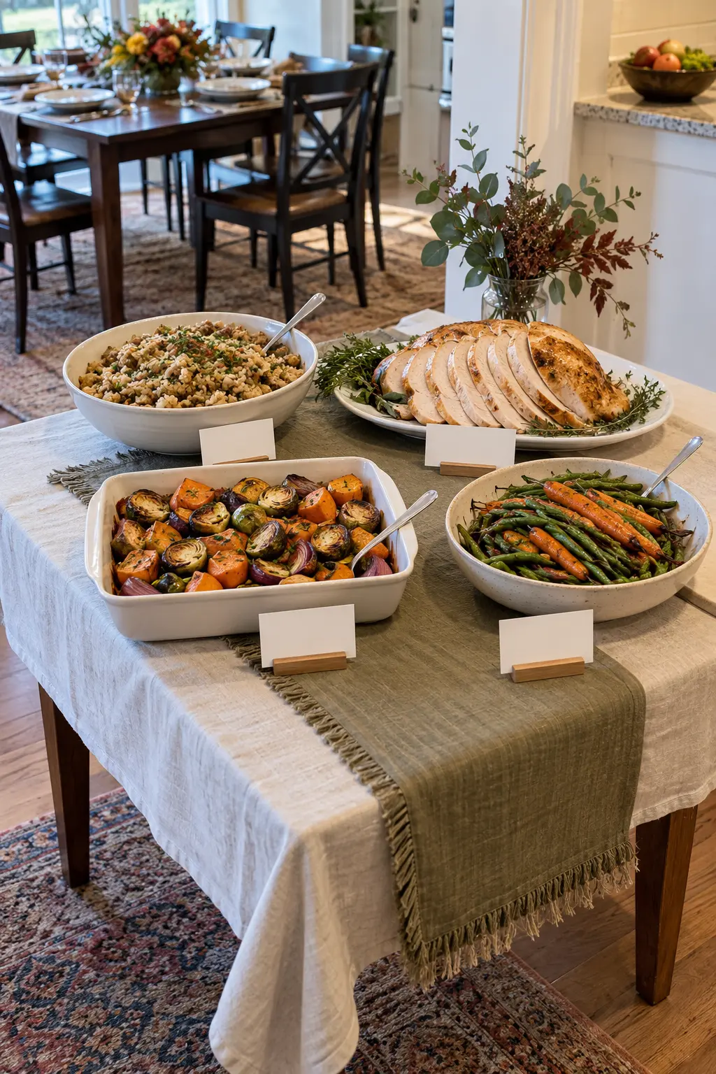 Separate Thanksgiving buffet zone with gluten-aware dishes and dedicated utensils