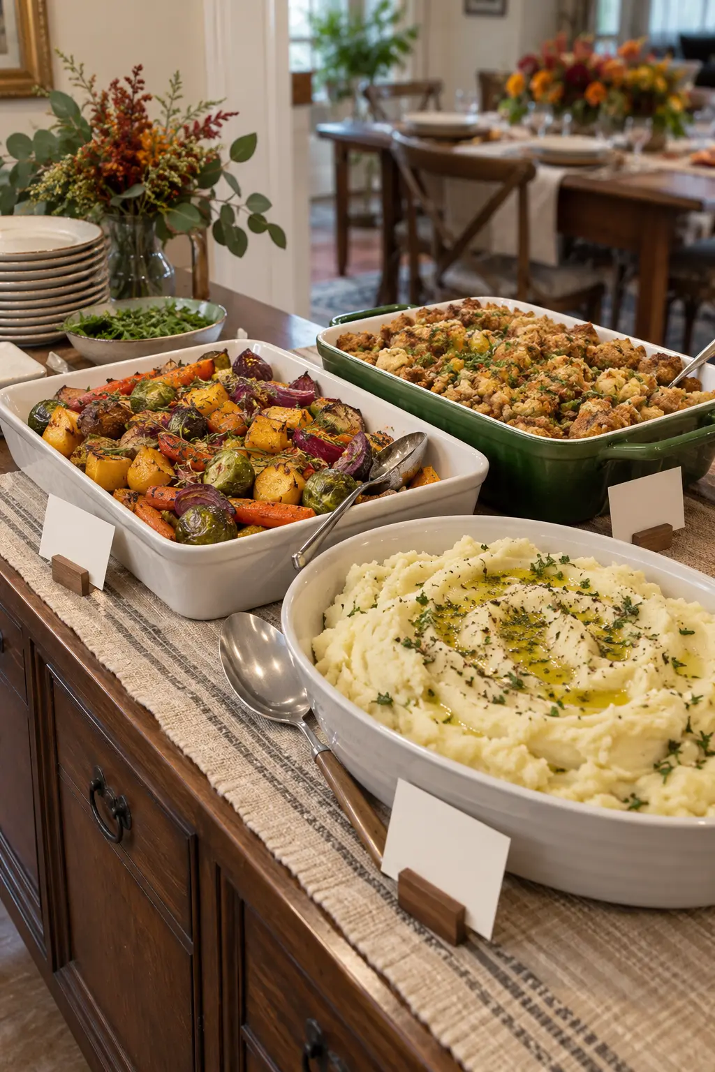 Thanksgiving dairy-free side dishes arranged together with separate serving utensils