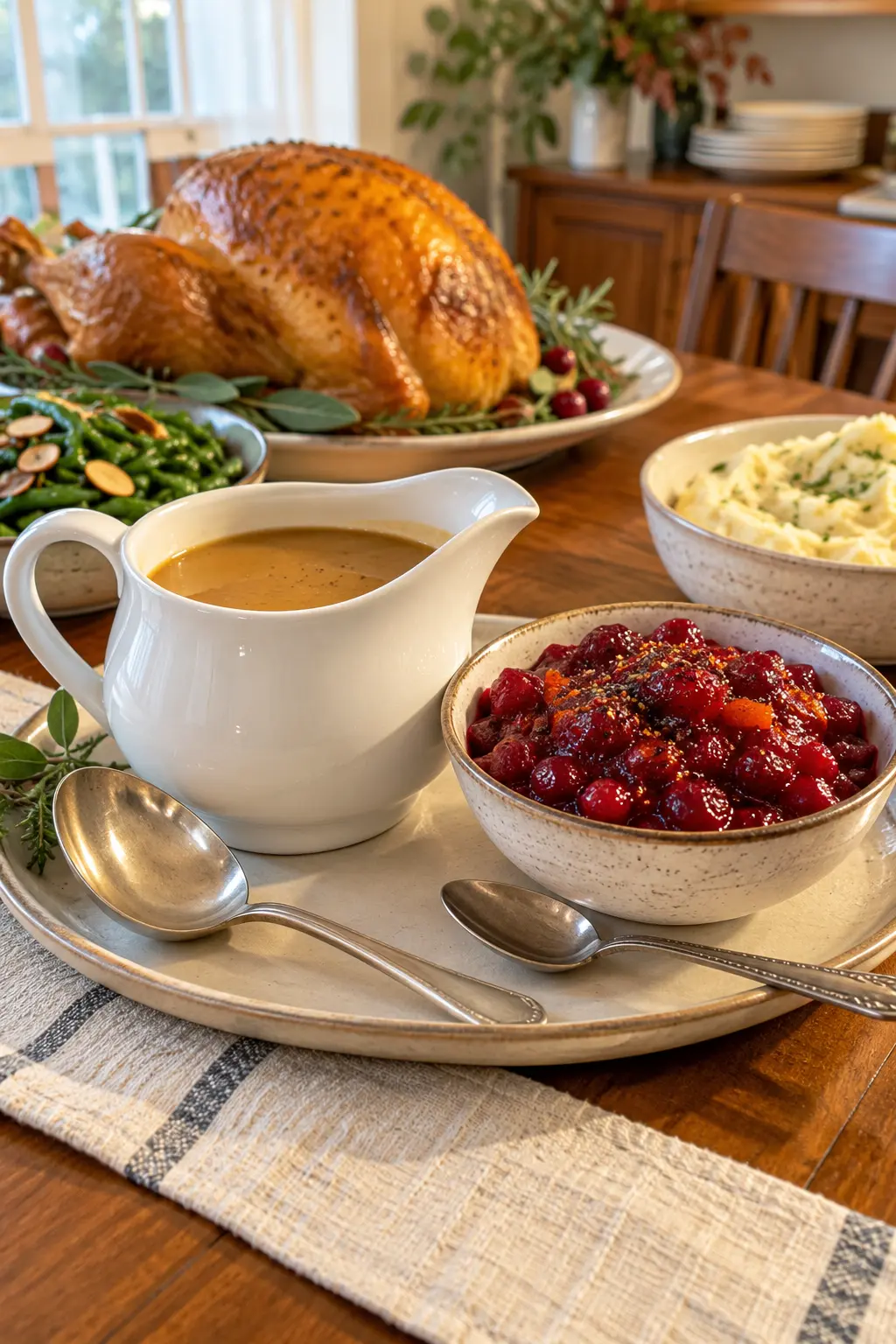 Thanksgiving sauce station with mild gravy and spicy pepper cranberry sauce