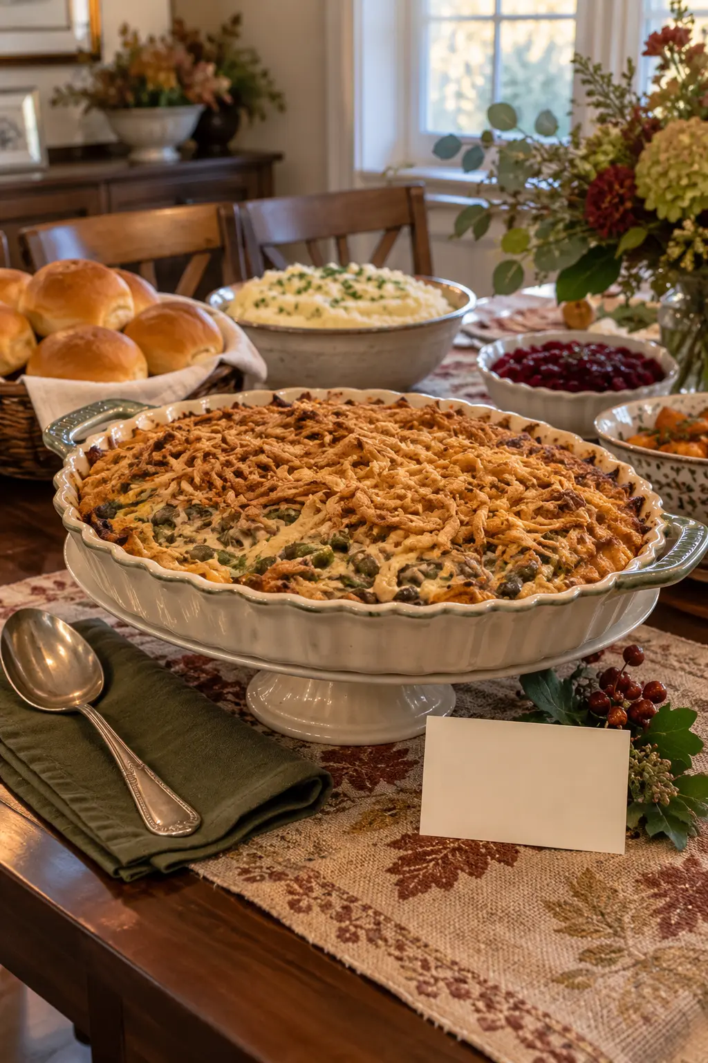One treasured family Thanksgiving dish displayed prominently on a small pedestal