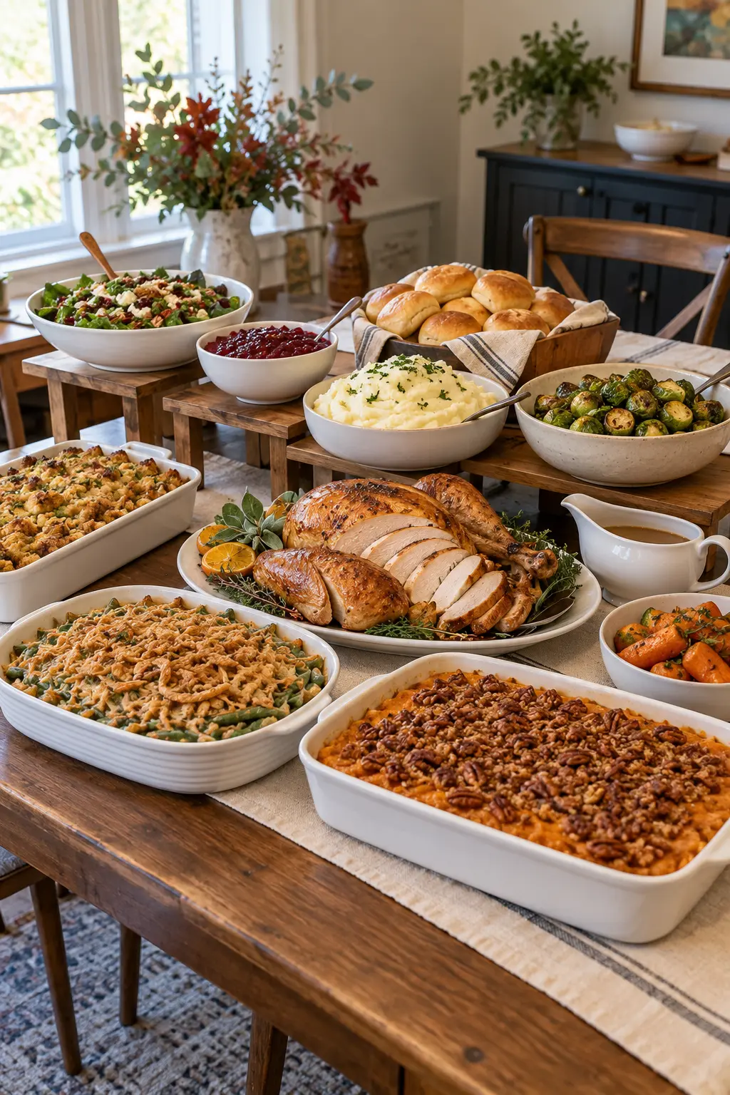 Thanksgiving buffet using low stable risers along the back edge for serving bowls