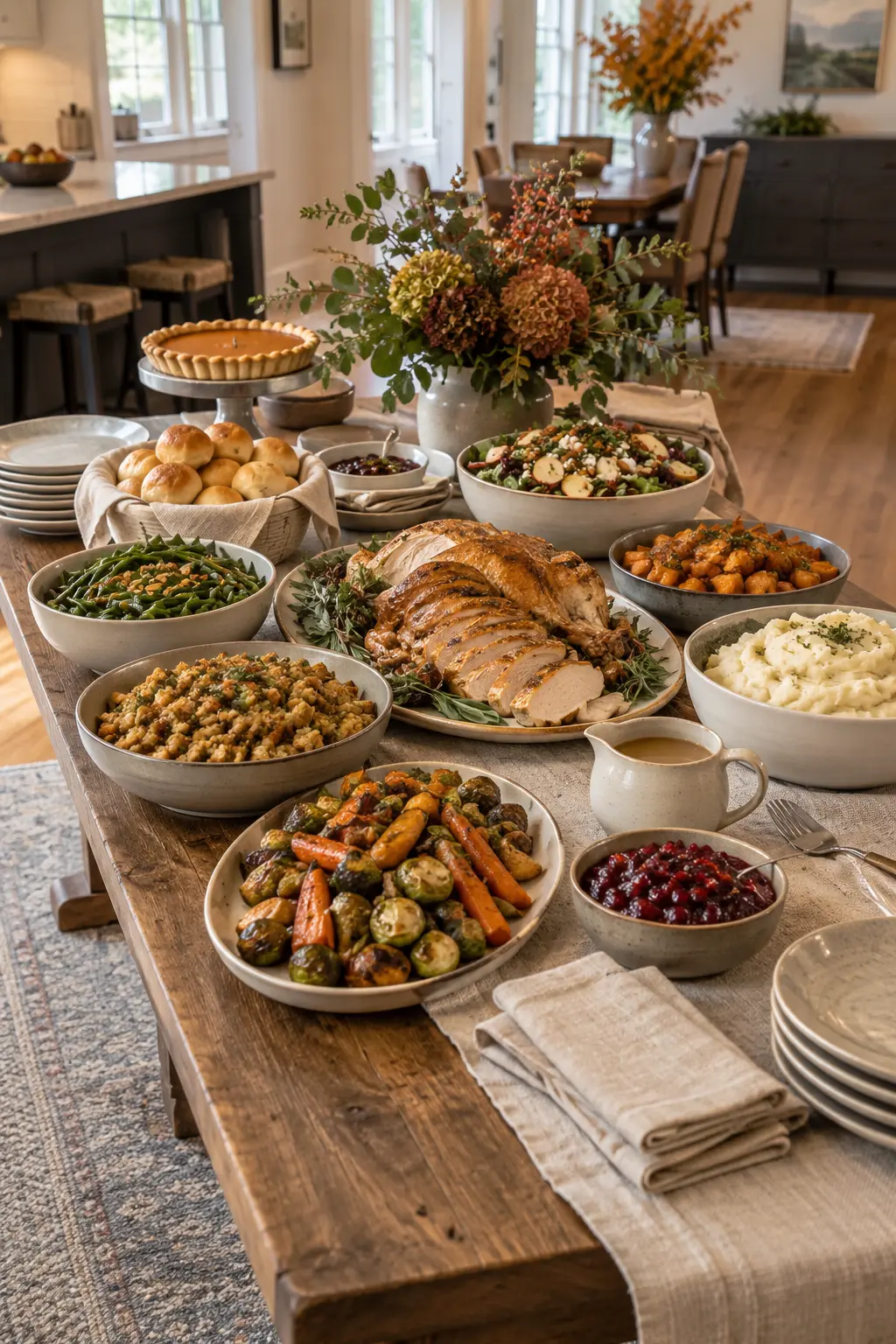 Thanksgiving buffet displayed in coordinated cream, taupe, and charcoal stoneware