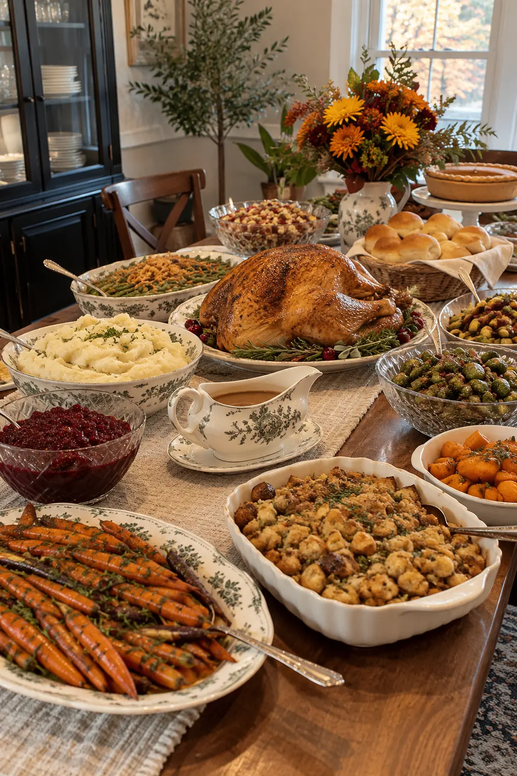 Thanksgiving buffet combining vintage platters, glass bowls, and silver serving pieces