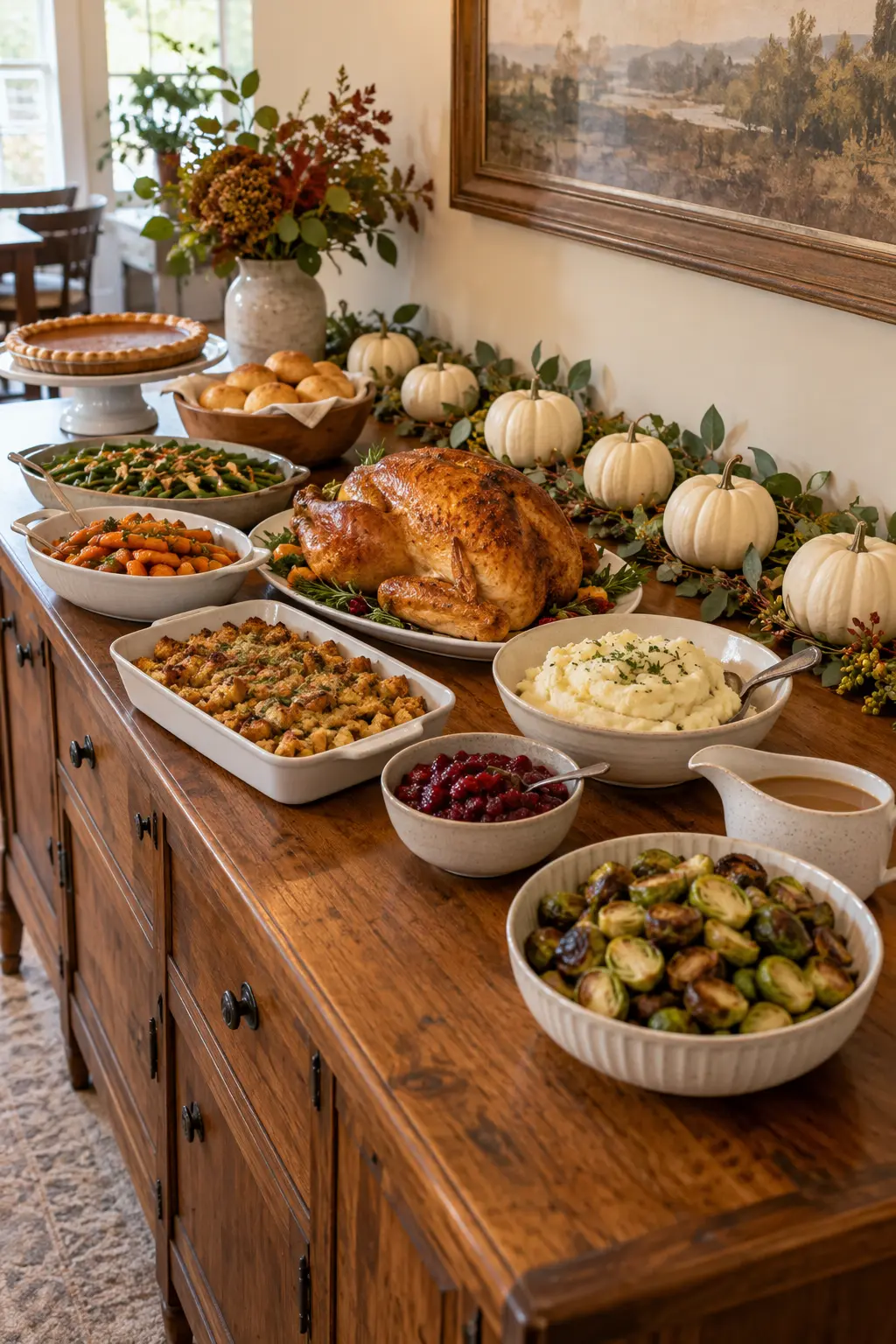 Small white pumpkins arranged along the back edge of a Thanksgiving buffet