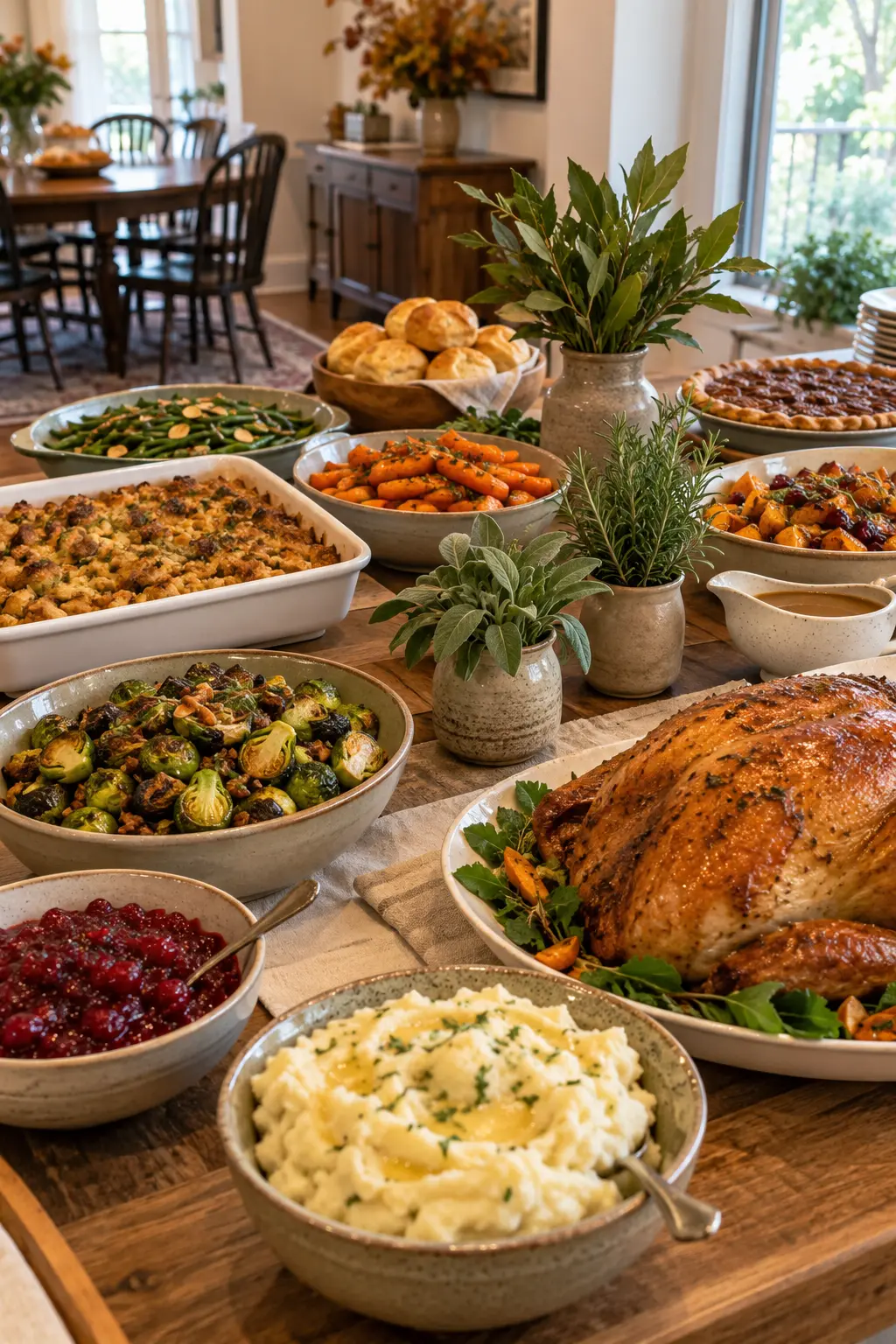 Thanksgiving buffet styled with rosemary and sage tucked safely around serving platters