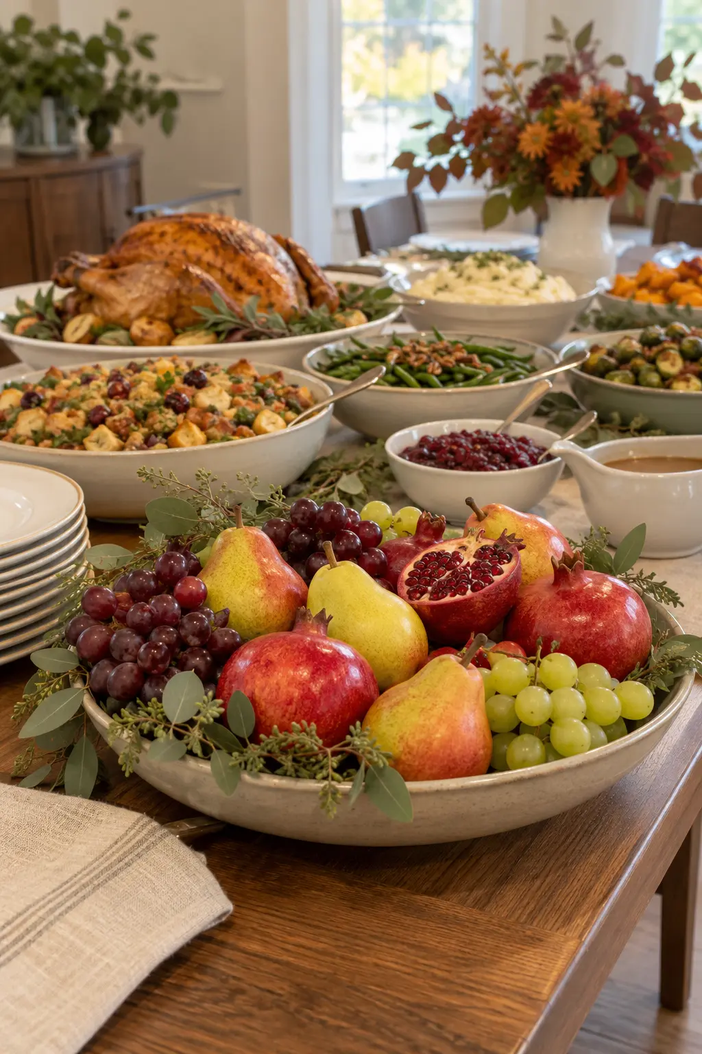 Pears, pomegranates, and grapes used as compact decor on a Thanksgiving buffet