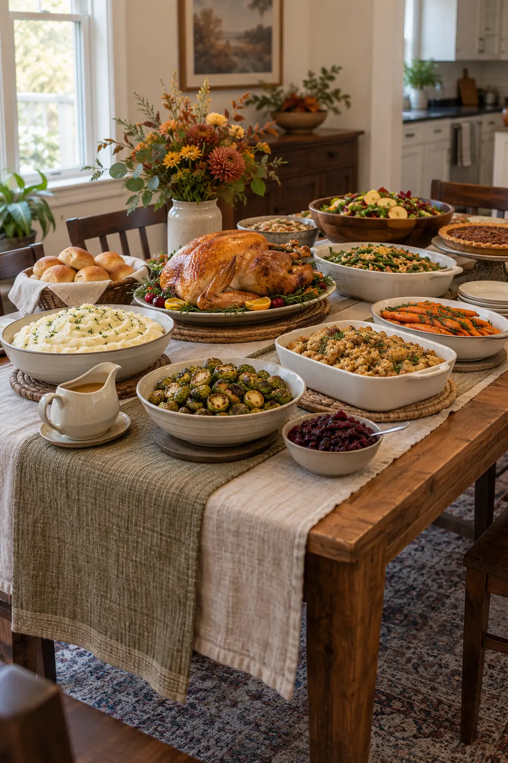 Thanksgiving buffet with overlapping linen runners protecting a wood tabletop