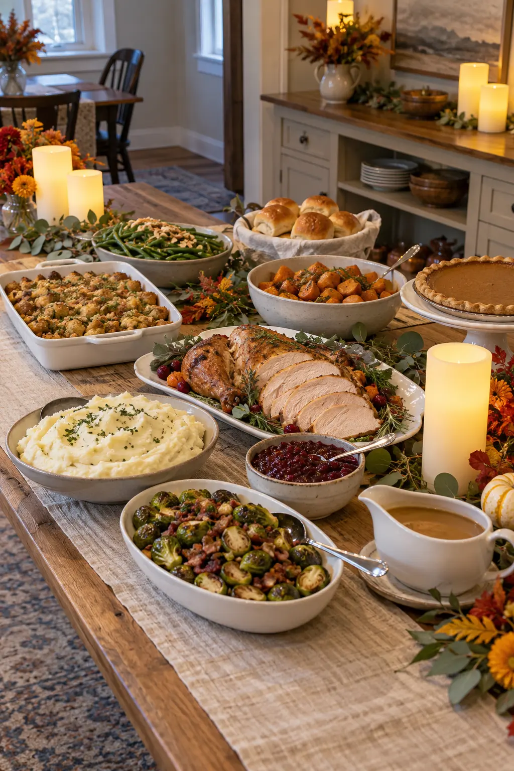 Thanksgiving buffet illuminated by flameless pillar candles placed safely at the ends