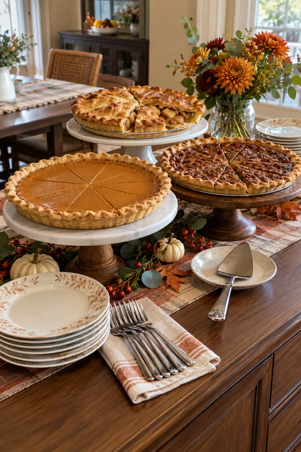 Thanksgiving pie bar with sliced pies, dessert plates, forks, and serving tools