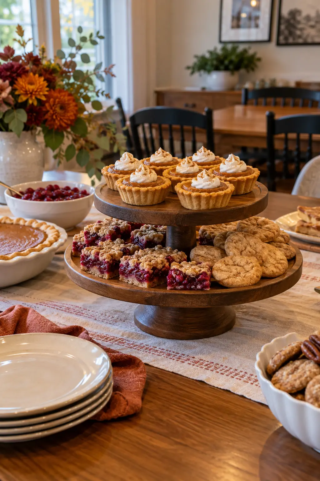 Tiered Thanksgiving dessert display with mini bars, tartlets, and small cookies