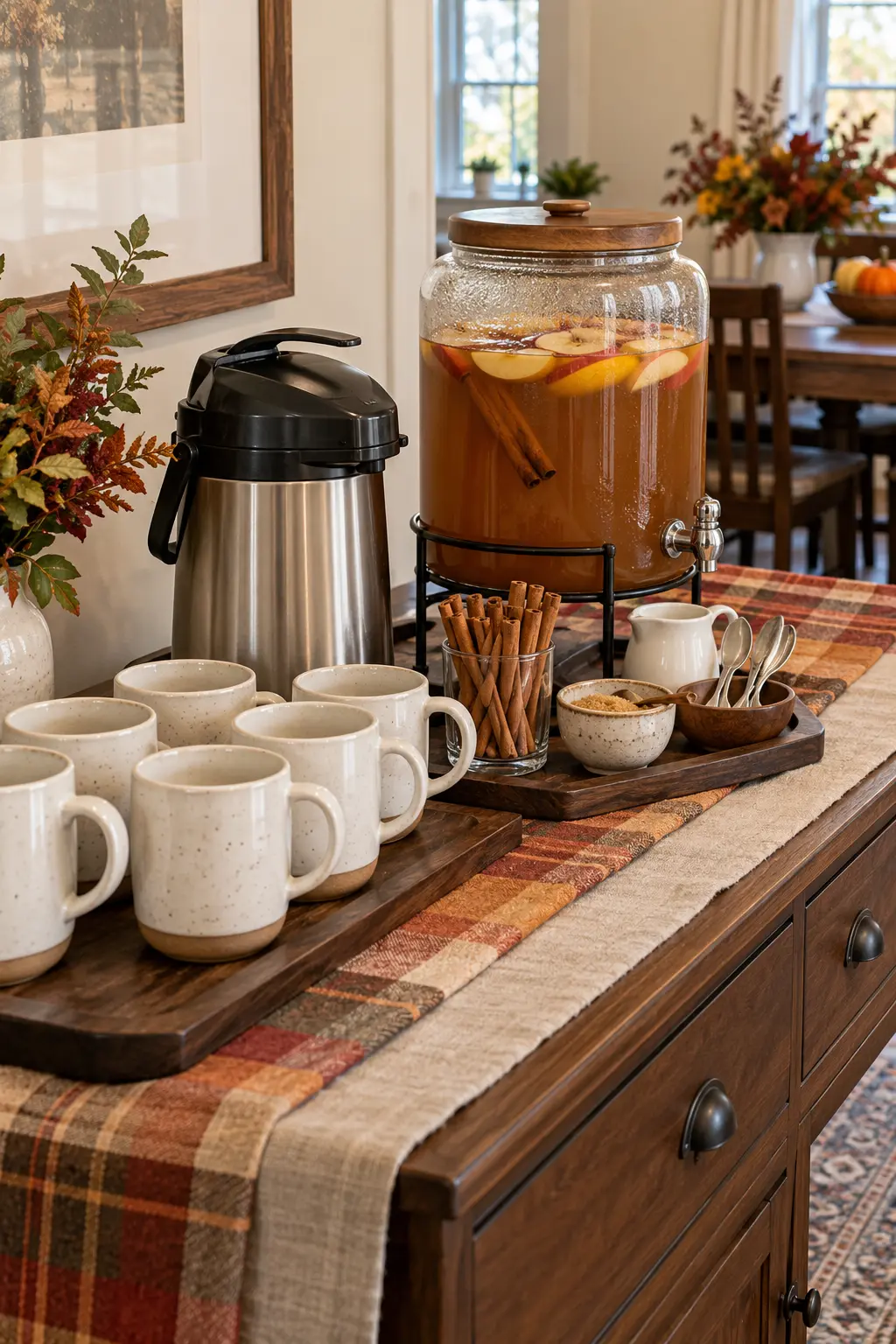 Thanksgiving drink station with coffee, hot apple cider, mugs, and simple add-ins