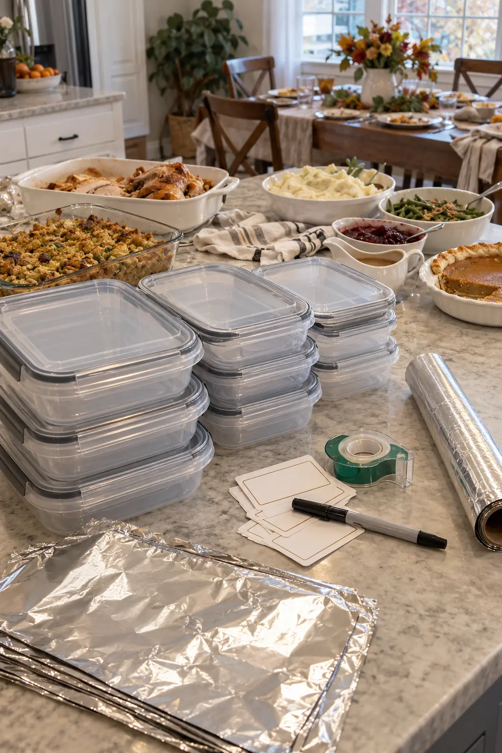 Thanksgiving leftover station with shallow containers, foil, labels, and a clean work surface