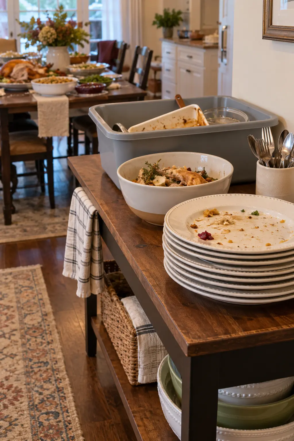 Thanksgiving dish-return station with bus tubs, scrap bowl, and stacked used plates