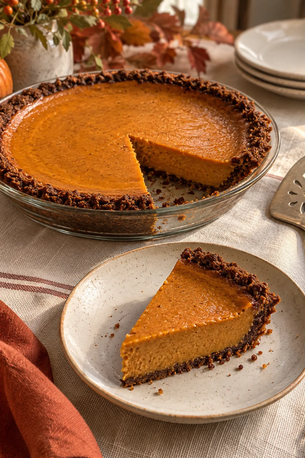 Pumpkin pie in a dark gingersnap crust with a clean sliced wedge on a cream plate