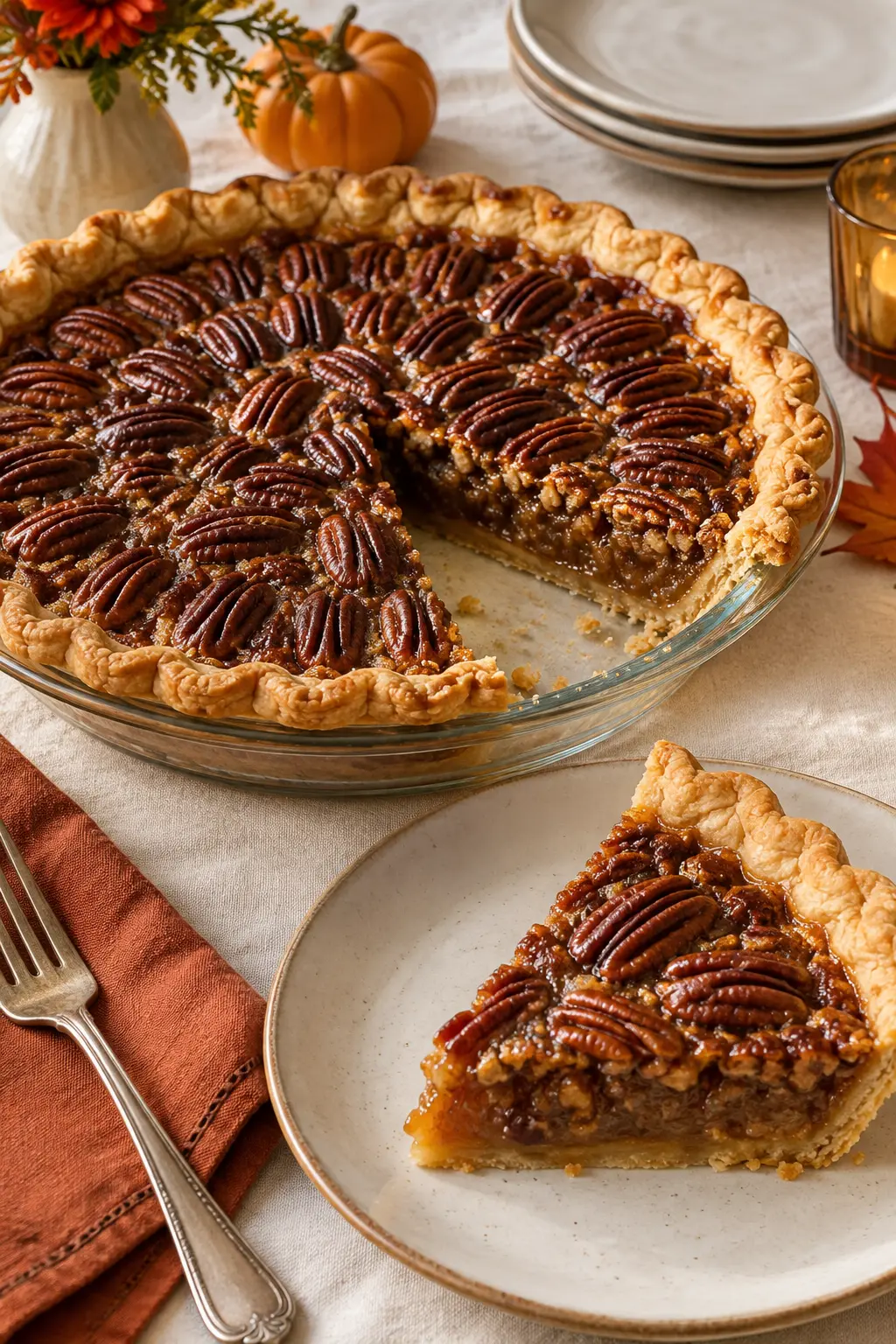 Glossy brown-butter pecan pie with toasted pecans and one neat slice removed