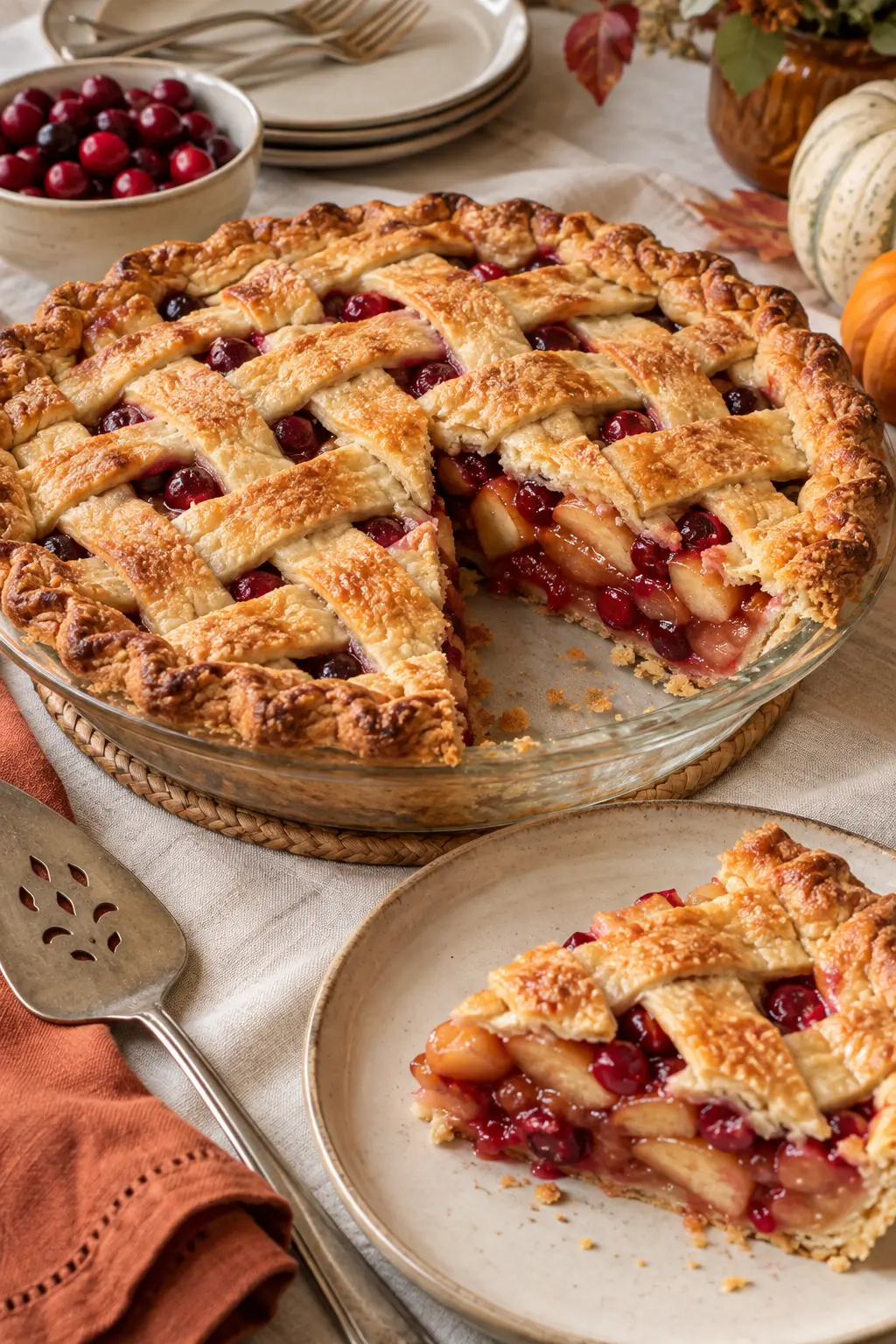 Apple cranberry lattice pie with ruby fruit visible beneath golden woven pastry