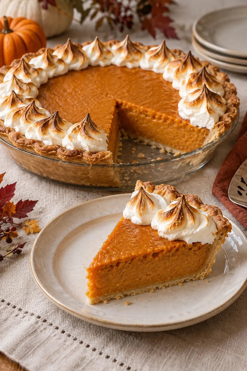 Sweet potato pie topped with a restrained ring of toasted meringue peaks