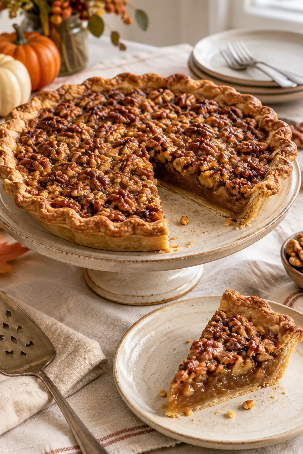 Maple walnut pie with a craggy toasted nut surface on a rustic ceramic stand