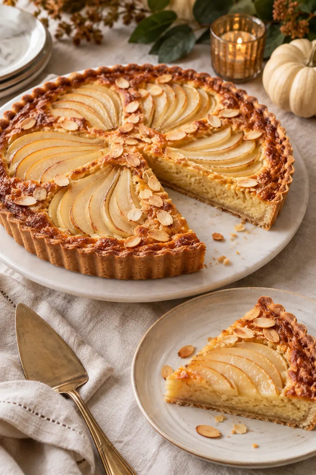 Pear frangipane tart with thin pear fans baked into golden almond filling