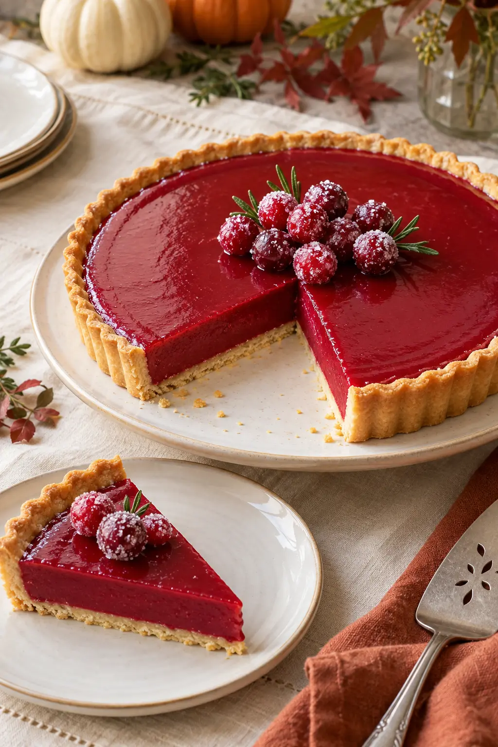 Ruby cranberry curd tart in a fluted shell with a glossy smooth top
