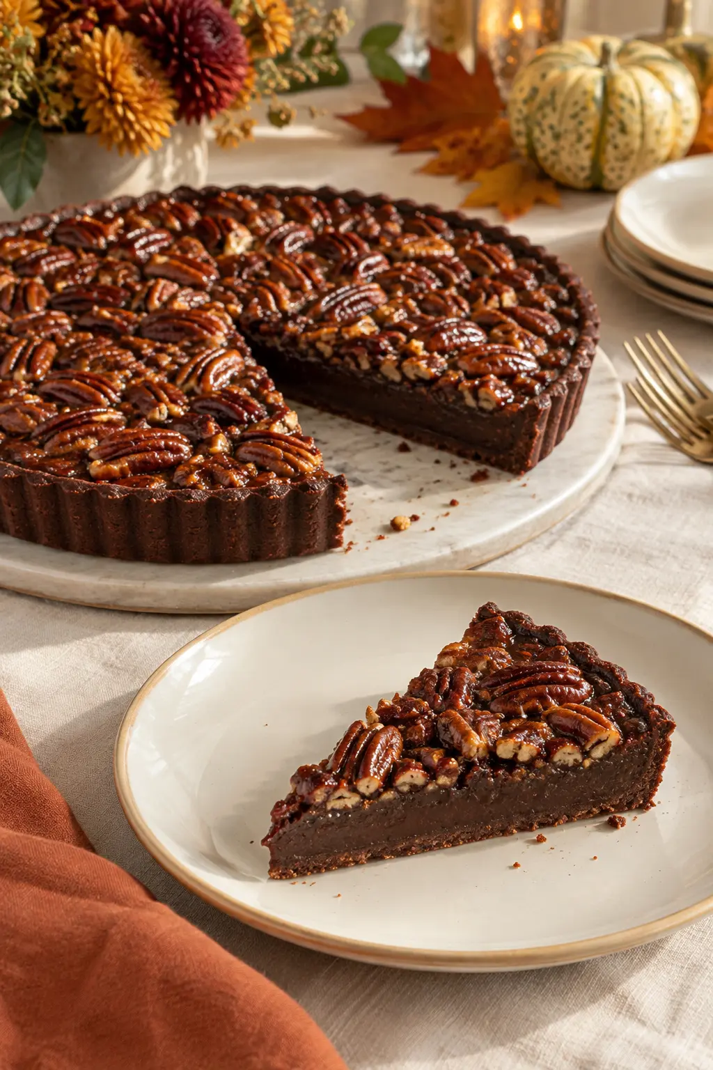 Dark chocolate bourbon pecan tart with a dense filling and toasted nut top
