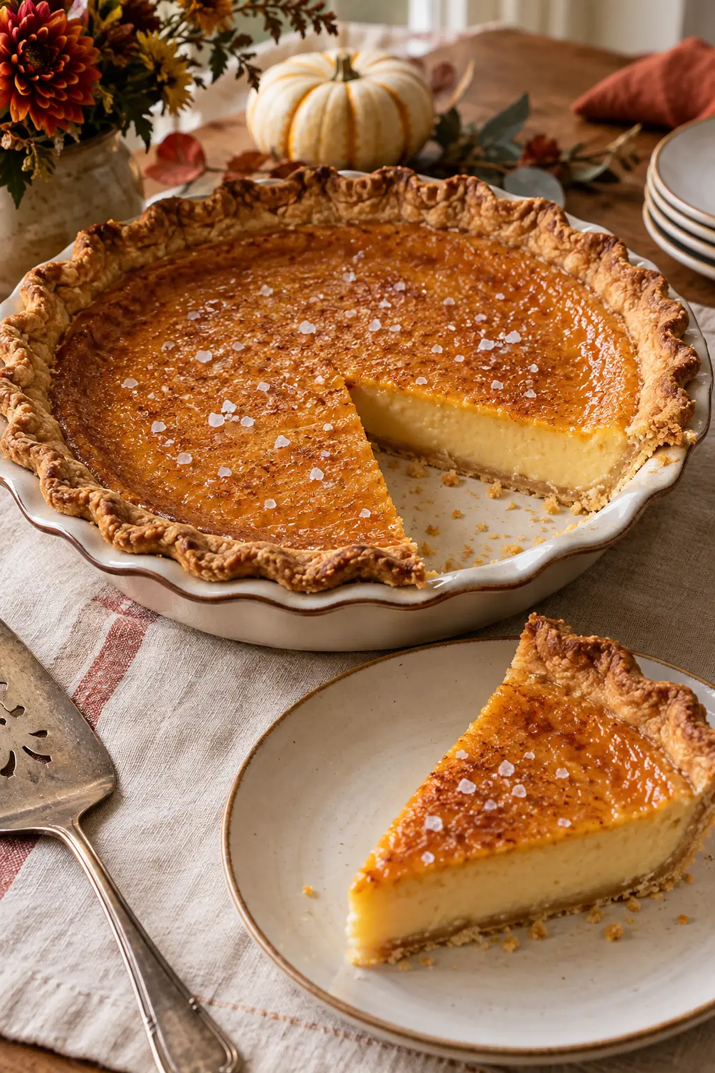 Golden salted honey custard pie with a smooth surface and delicate flaky crust