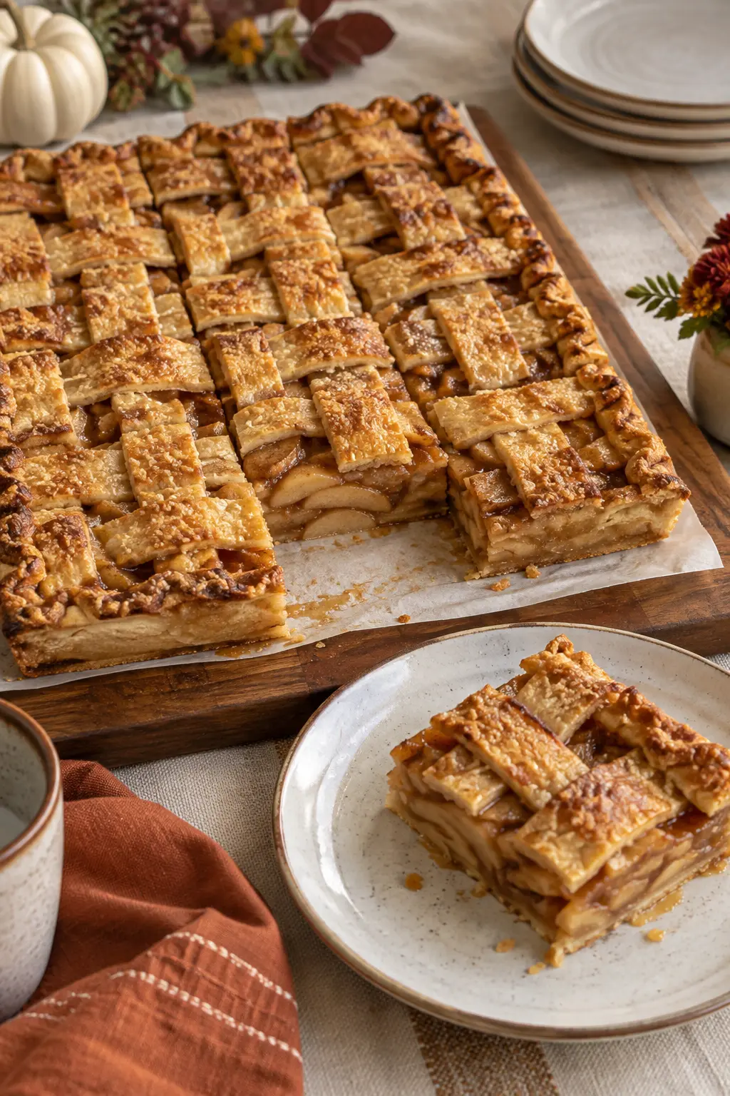 Rectangular apple slab pie cut into neat squares with flaky lattice crust
