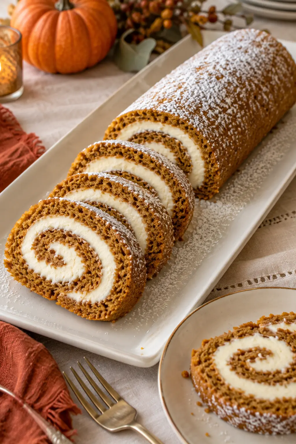 Sliced pumpkin roll showing a clean cream cheese spiral on a narrow platter