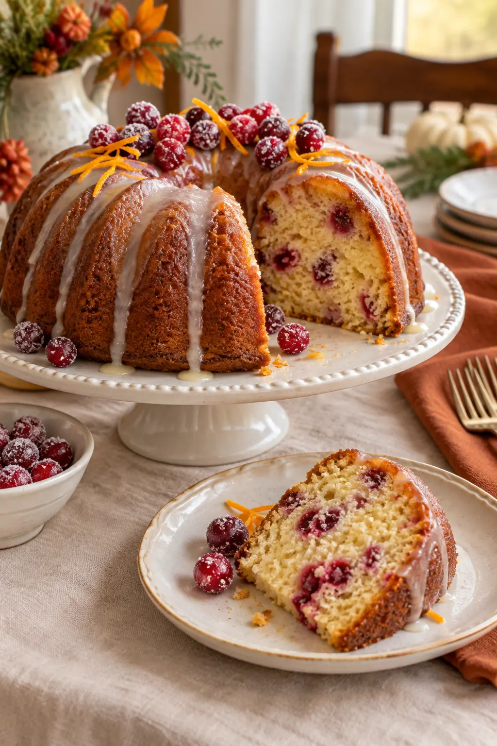 Cranberry orange Bundt cake with thin glaze and visible red berries