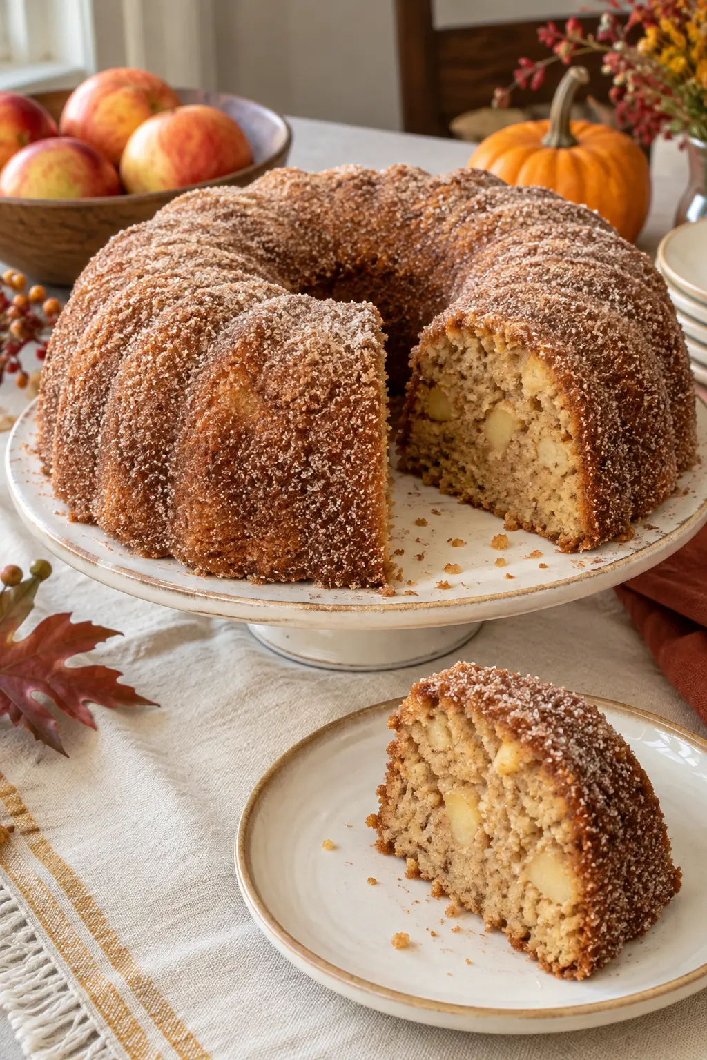 Apple cider doughnut cake coated in cinnamon sugar on a simple cake stand