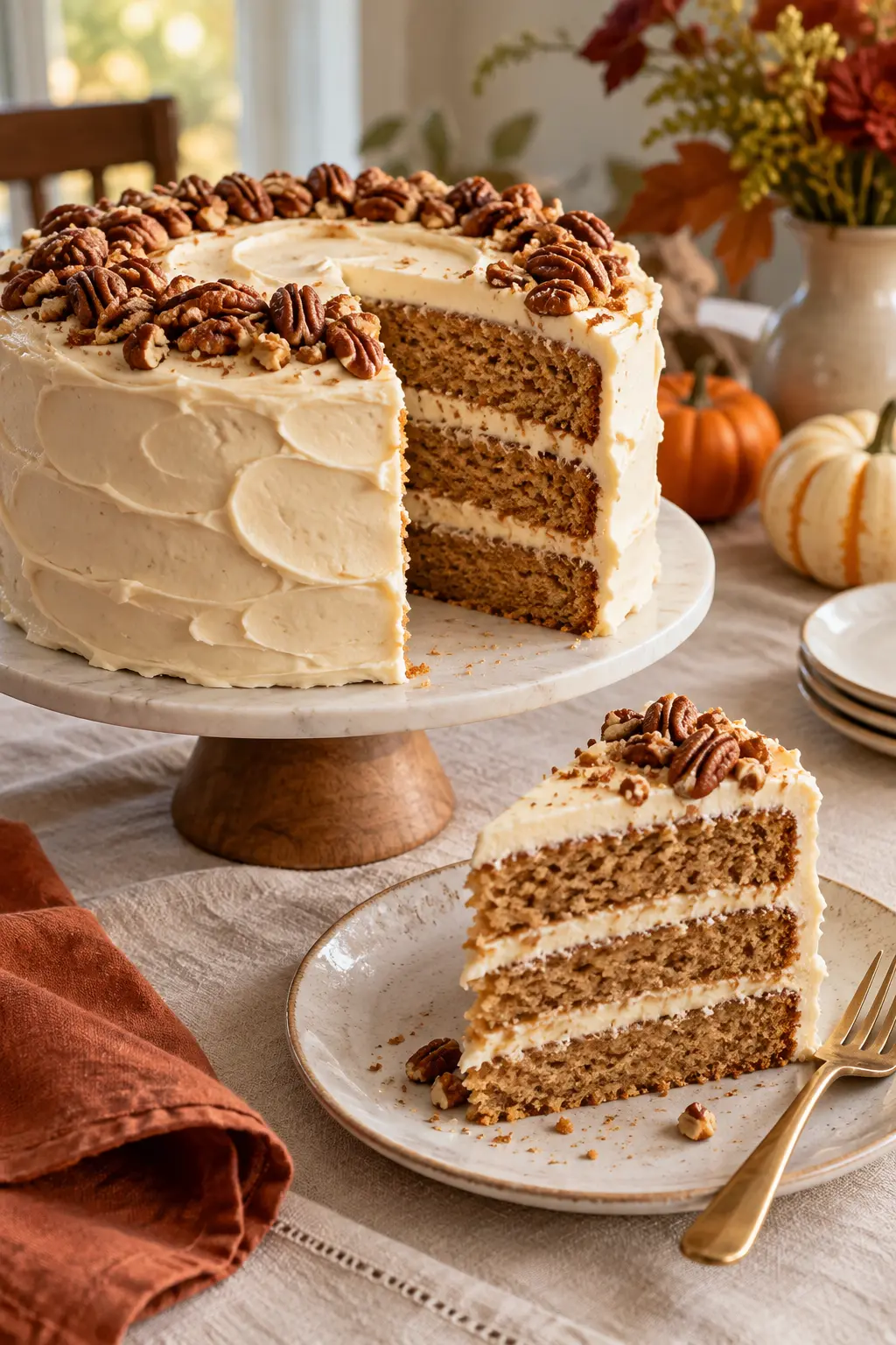 Three-layer maple cake with cream frosting and a restrained pecan crown