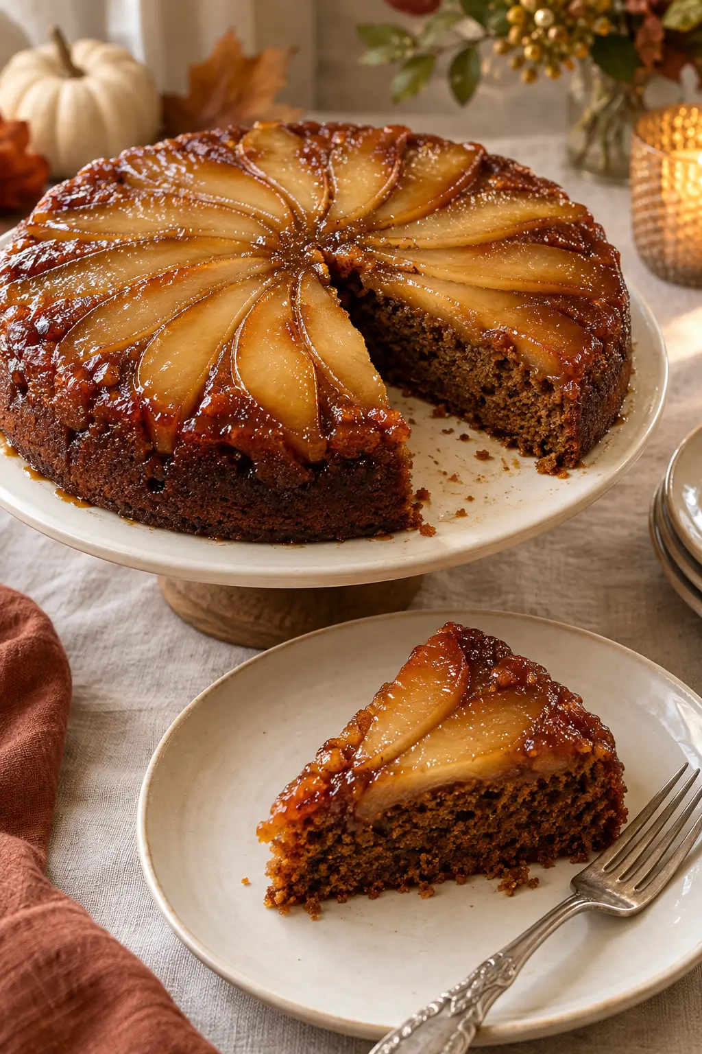 Gingerbread pear upside-down cake with caramelized pear slices across the top