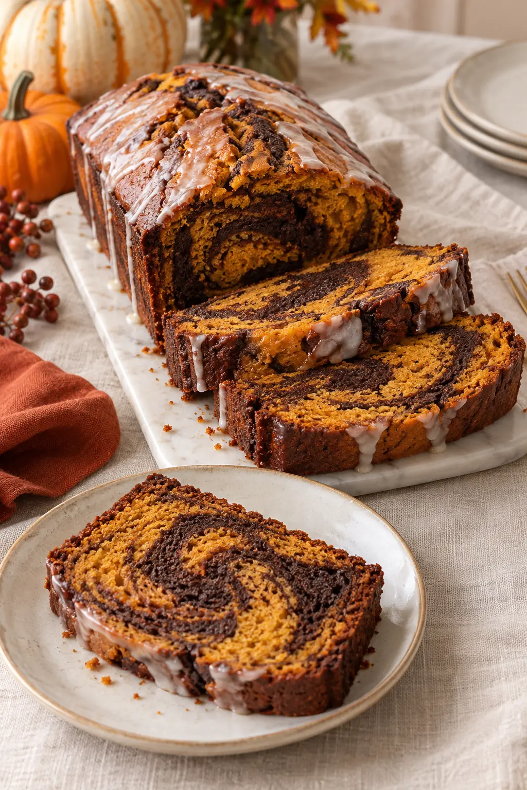 Sliced pumpkin chocolate marble loaf cake with distinct dark and orange swirls
