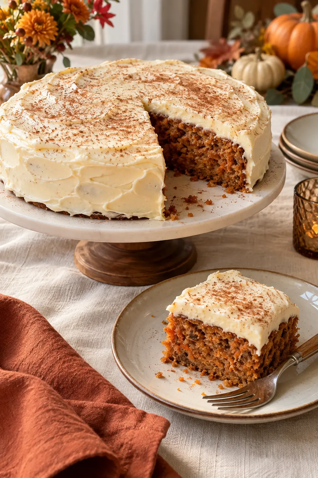 Chai-spiced carrot cake with cream cheese frosting and a simple cinnamon finish