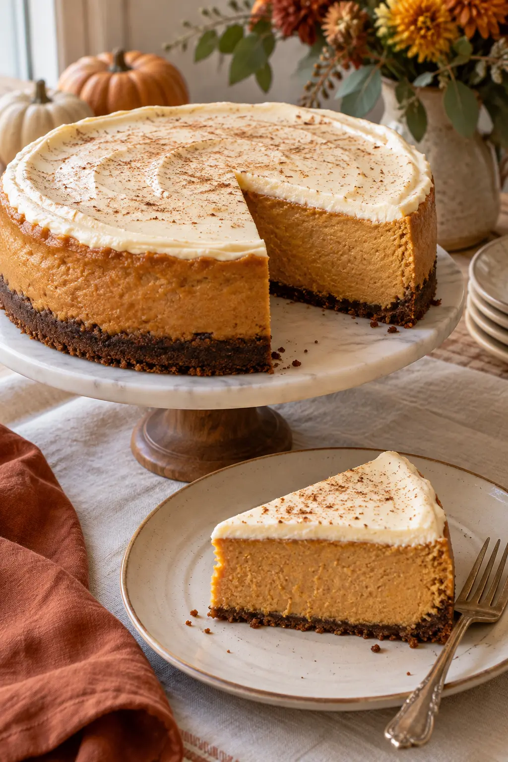 Tall sweet potato cheesecake with a warm amber filling and crisp cookie crust