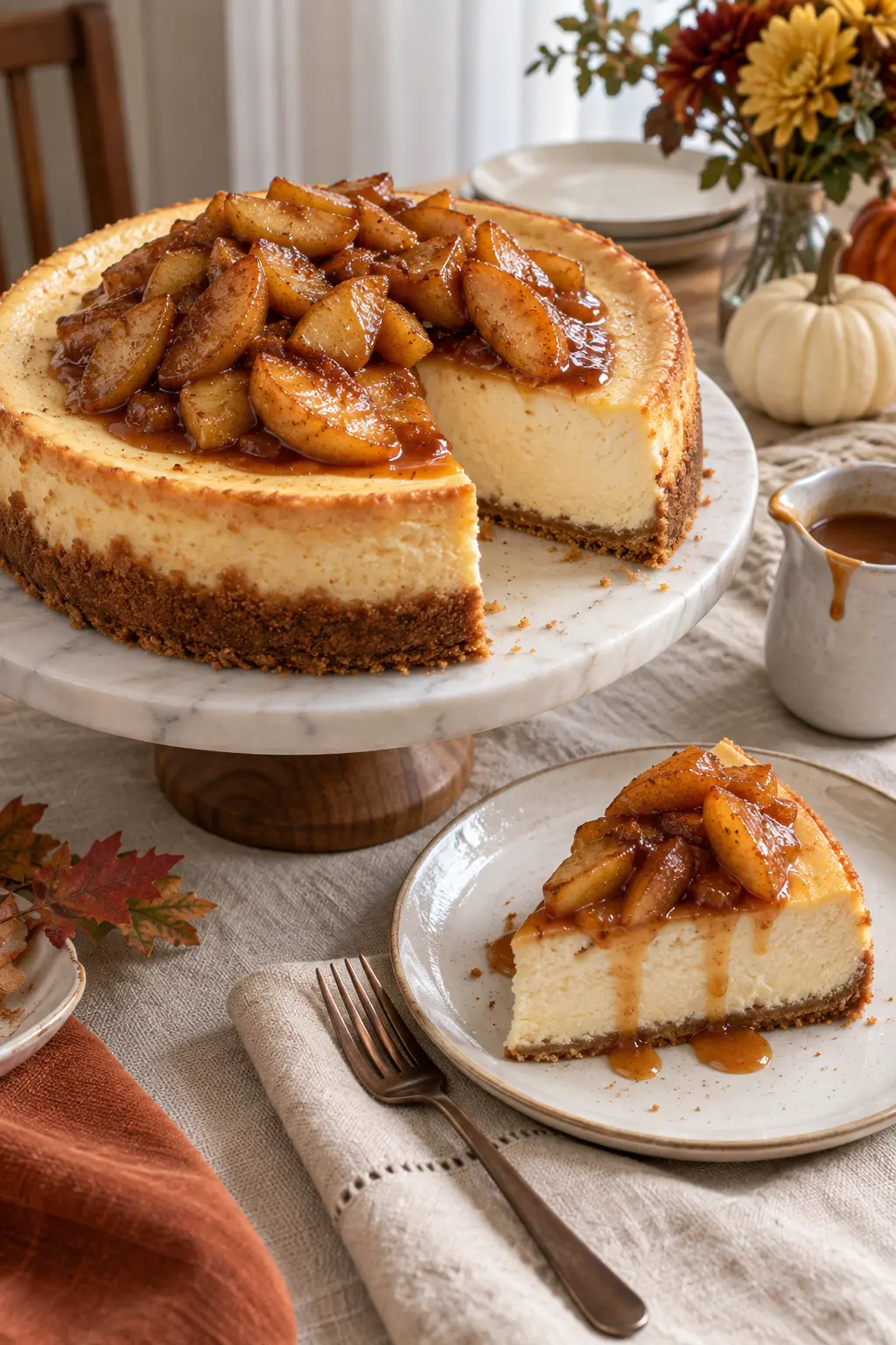 Plain cheesecake topped with a compact mound of caramelized apple slices