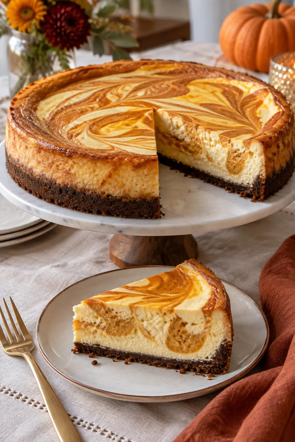Pumpkin swirl cheesecake with a clear amber and cream marbled surface