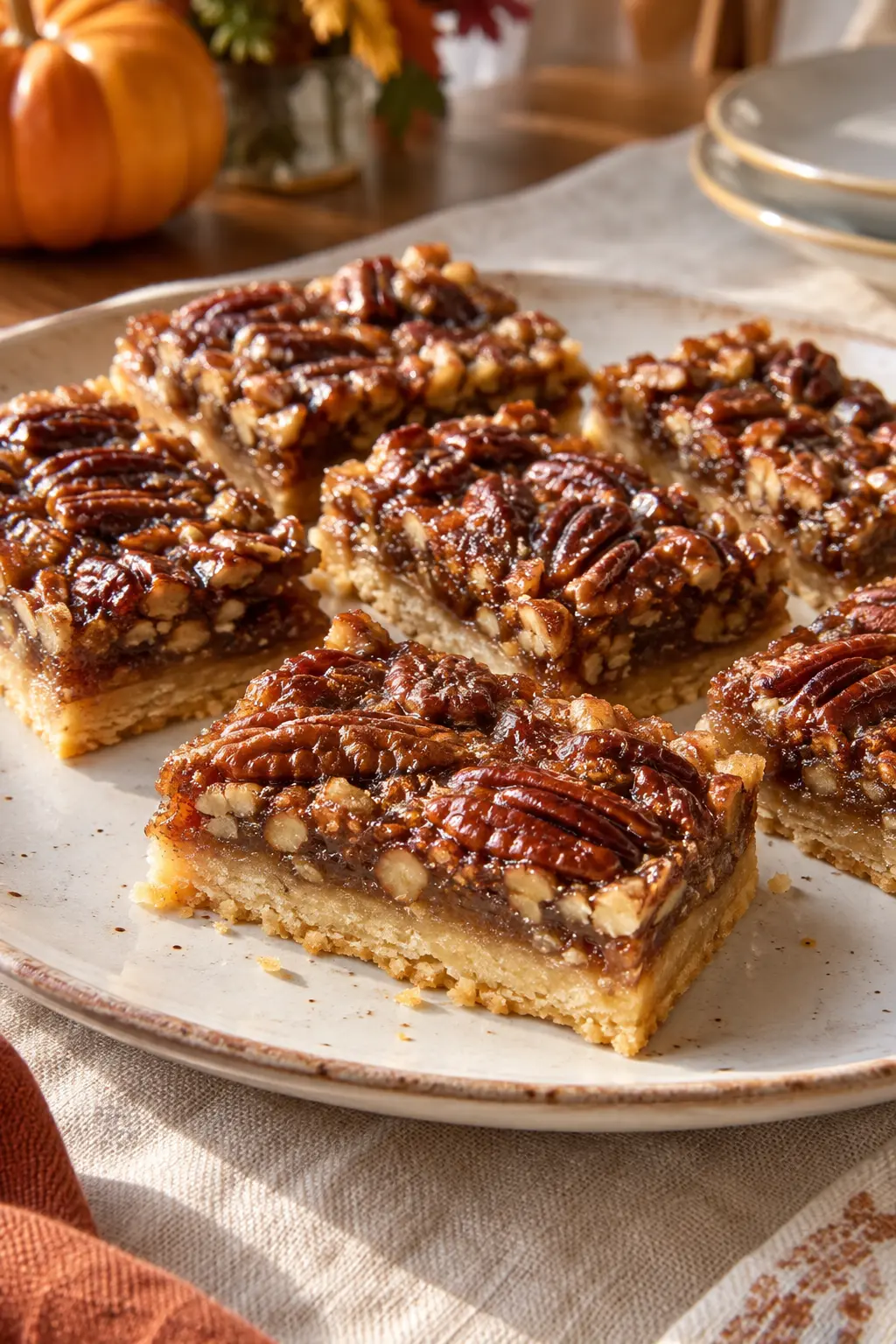 Pecan pie bars cut into small rectangles with glossy nut filling