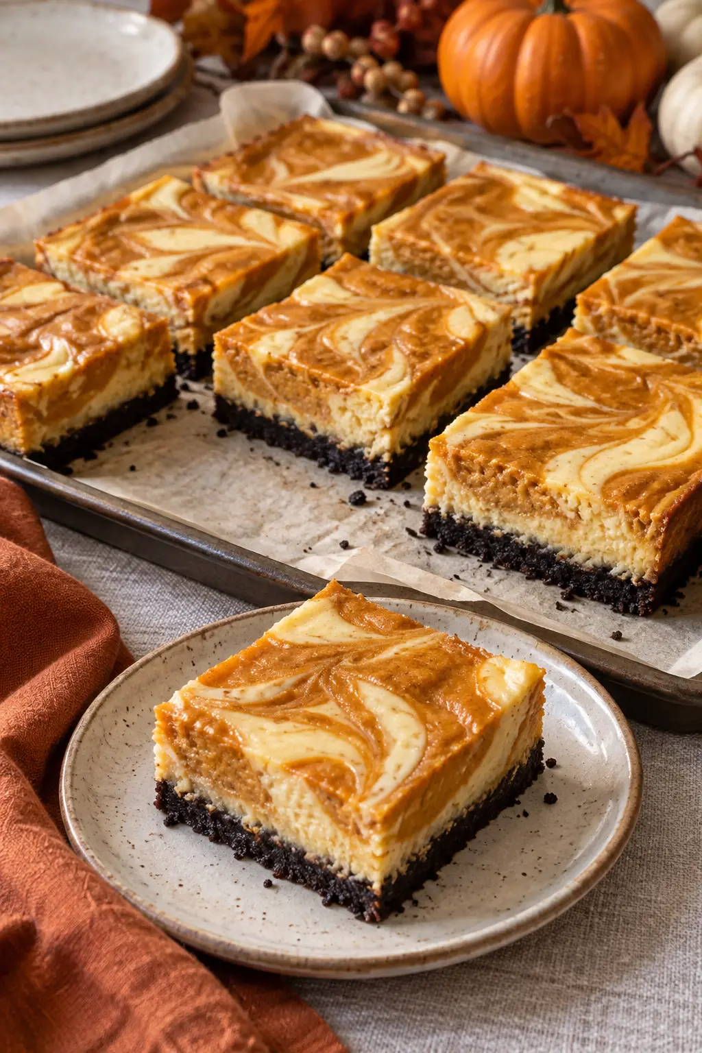 Pumpkin cheesecake bars with bold orange and cream swirls on a dark crust