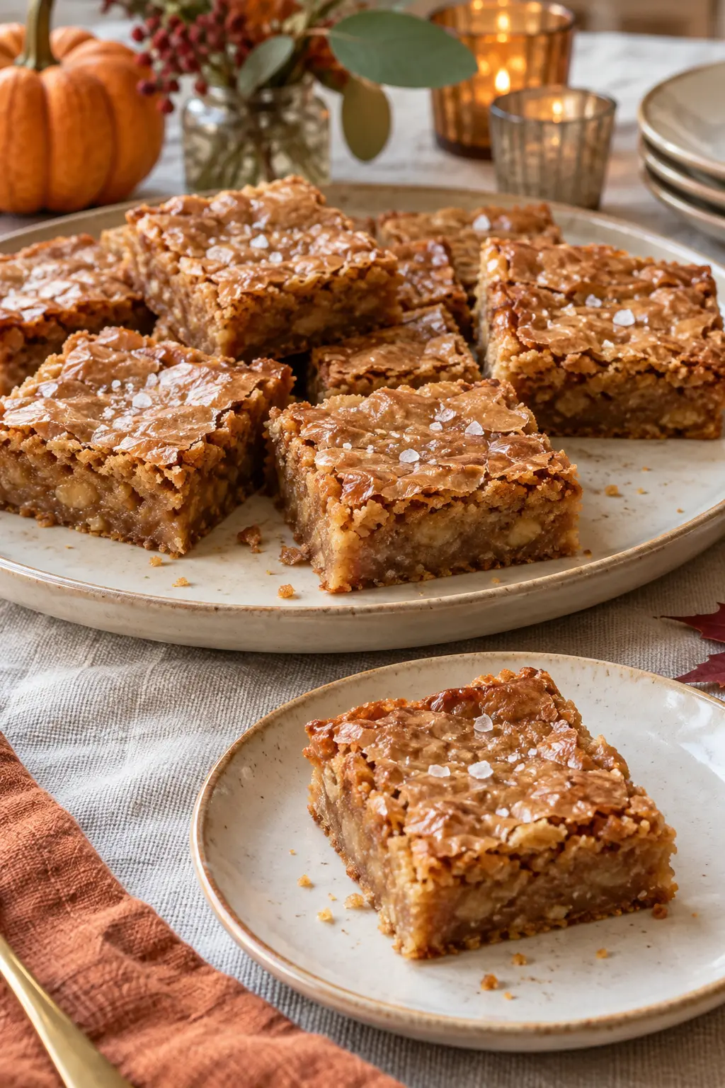 Maple brown-butter blondies cut into squares with shiny crackled tops
