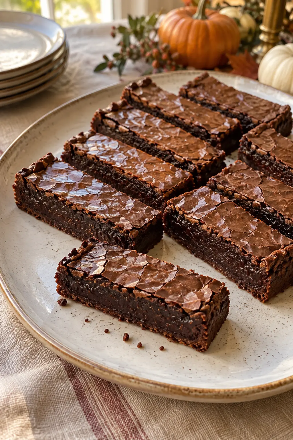 Dark chocolate chess bars with a thin glossy top and dense fudgy center