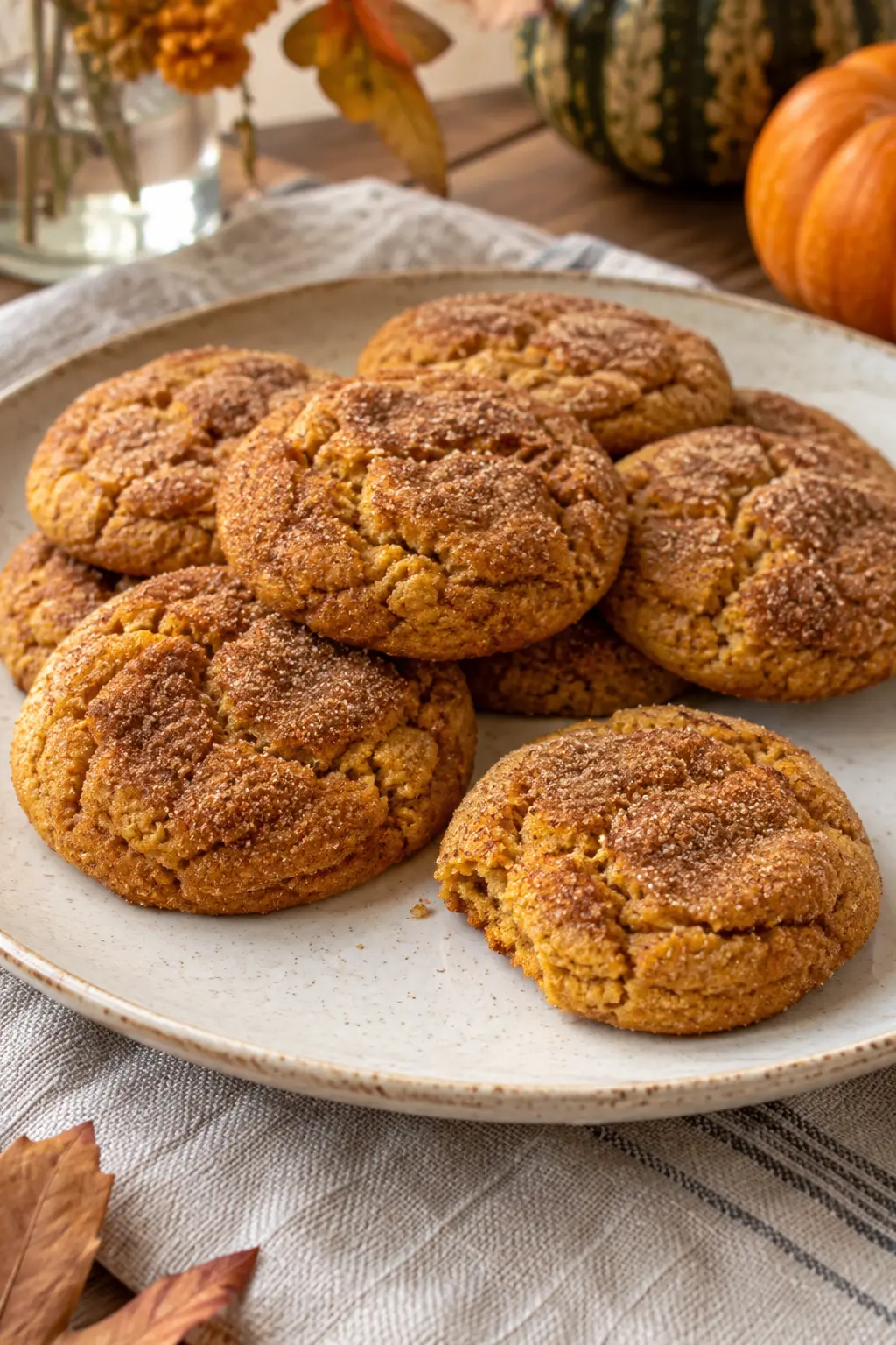 Soft pumpkin snickerdoodle cookies with cinnamon spice sugar on a ceramic plate